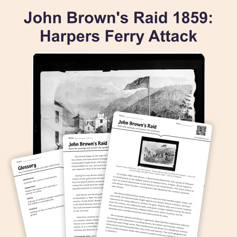 John Brown's Raid — ela — reading comprehension for Grade 6, Grade 7, Grade 8, page 1 of 4