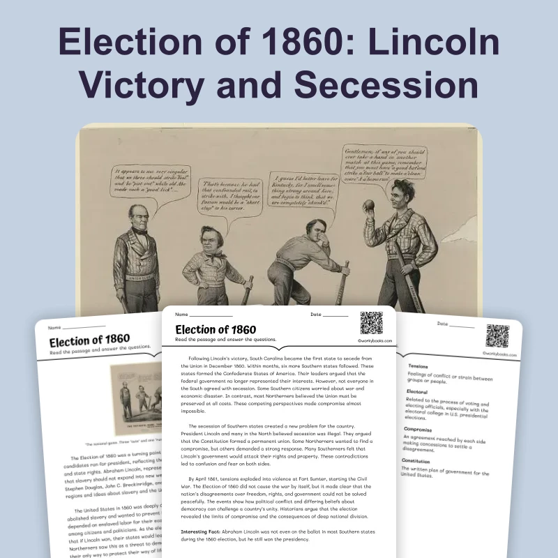 Election of 1860 — ela — reading comprehension for Grade 6, Grade 7, Grade 8, page 1 of 4
