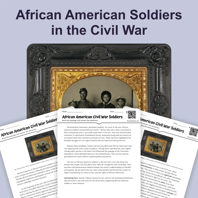 African American Soldiers in Civil War — ela — reading comprehension for Grade 6, Grade 7, Grade 8, page 1 of 4
