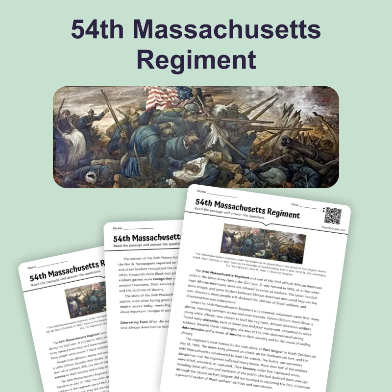 54th Massachusetts Regiment — reading — reading comprehension for Grade 6, Grade 7, Grade 8, page 1 of 4