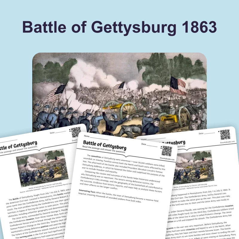 Battle of Gettysburg — ela — reading comprehension for Grade 6, Grade 7, Grade 8, page 1 of 4