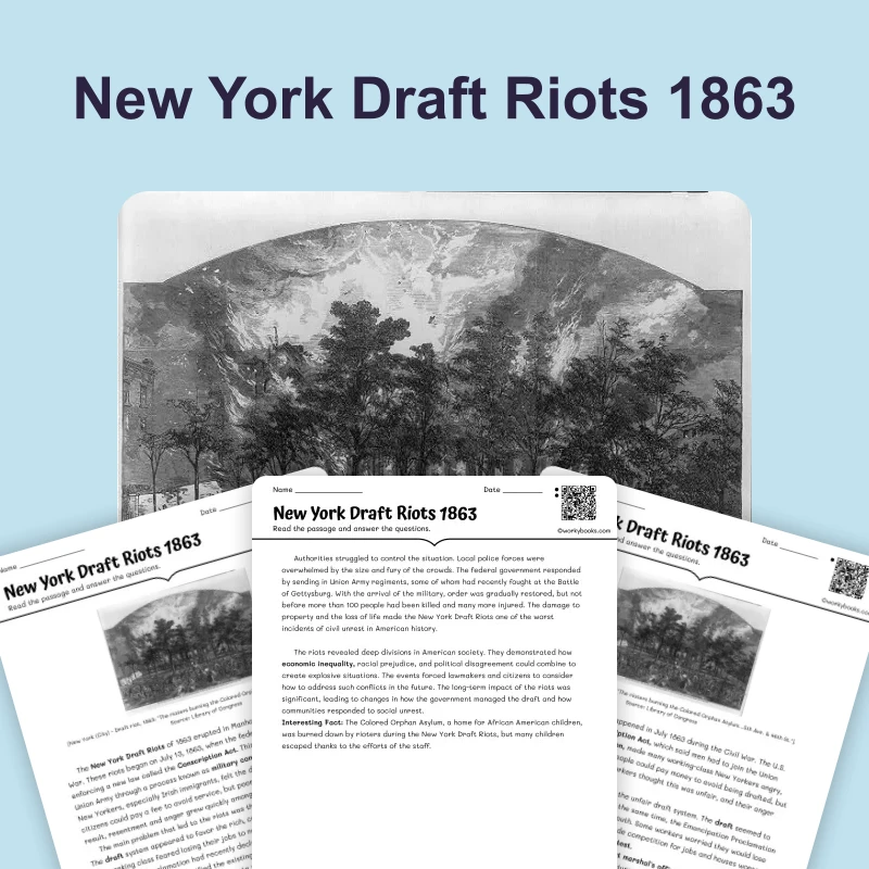 New York Draft Riots 1863 — reading — reading comprehension for Grade 6, Grade 7, Grade 8, page 1 of 4
