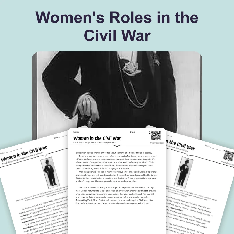 Women's Roles in Civil War — ela — reading comprehension for Grade 6, Grade 7, Grade 8, page 1 of 4