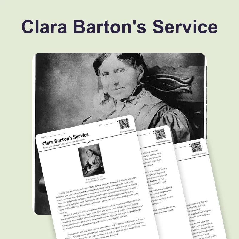 Clara Barton: Civil War Nurse and Founder — reading — reading comprehension for Grade 6, Grade 7, Grade 8, page 1 of 4