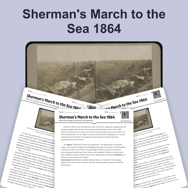 Sherman's March to Sea 1864 — reading — reading comprehension for Grade 6, Grade 7, Grade 8, page 1 of 4