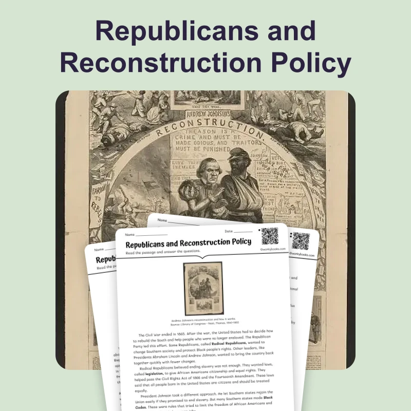 Republicans and Reconstruction Policy — reading — reading comprehension for Grade 6, Grade 7, Grade 8, page 1 of 4