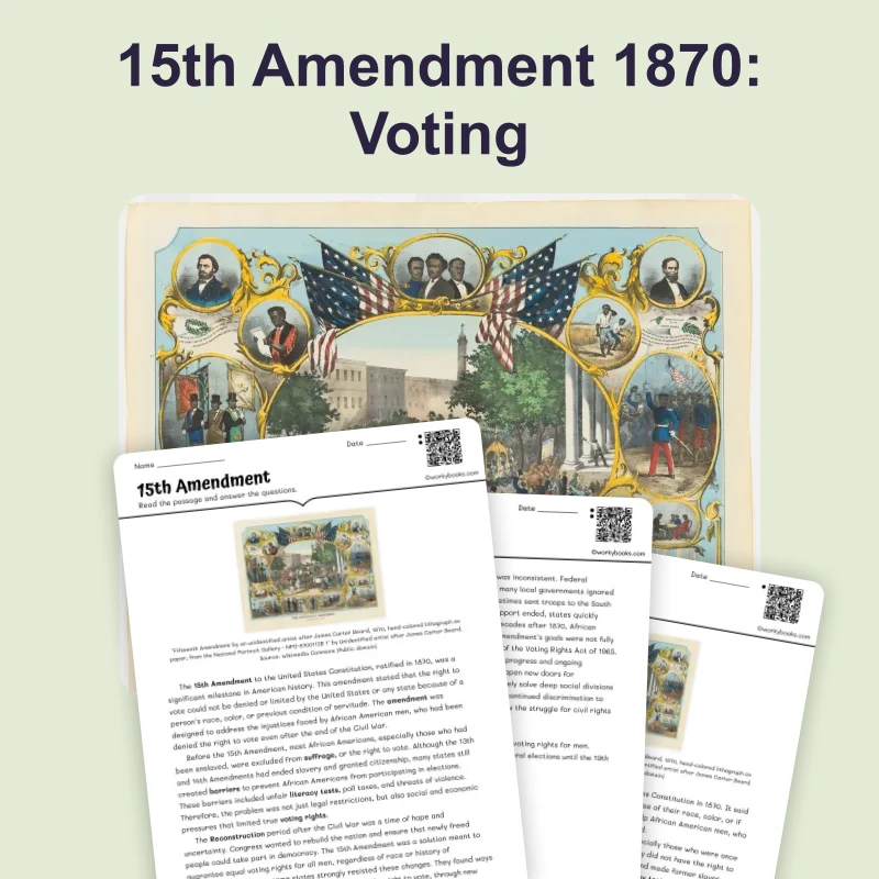 15th Amendment 1870: Voting — ela — reading comprehension for Grade 6, Grade 7, Grade 8, page 1 of 4