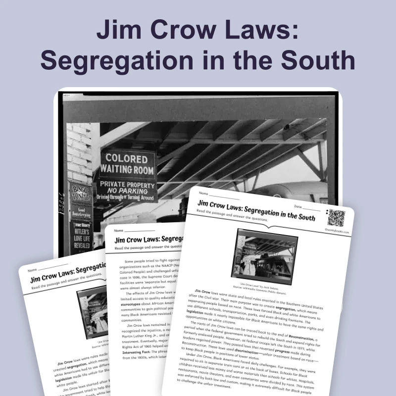 Jim Crow Laws: Segregation in the South — reading — reading comprehension for Grade 6, Grade 7, Grade 8, page 1 of 4