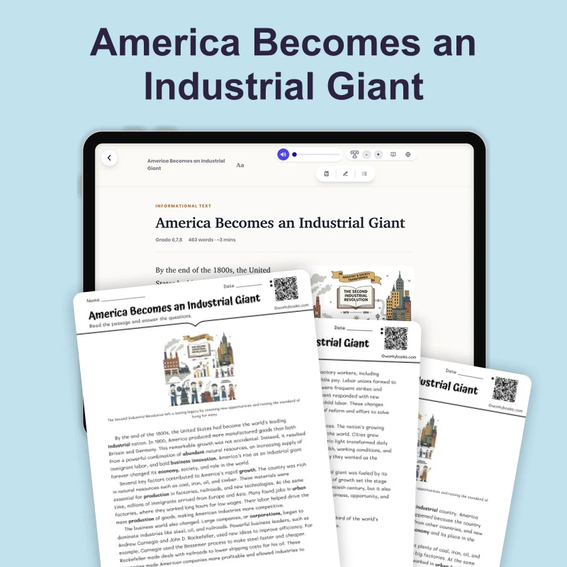 America Becomes an Industrial Giant — reading — reading comprehension for Grade 6, Grade 7, Grade 8, page 1 of 4