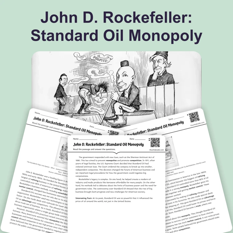John D Rockefeller: Standard Oil Monopoly — reading — reading comprehension for Grade 6, Grade 7, Grade 8, page 1 of 4