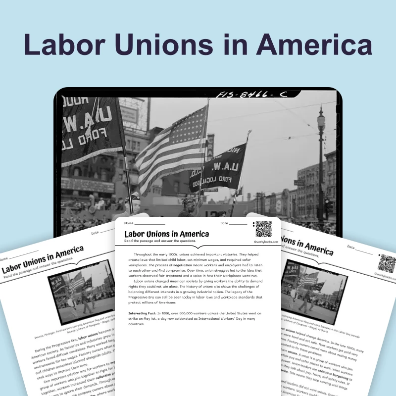 Labor Unions in America — reading — reading comprehension for Grade 6, Grade 7, Grade 8, page 1 of 4