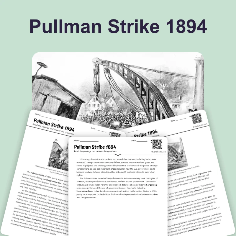 Pullman Strike 1894: Federal Government Intervenes — reading — reading comprehension for Grade 6, Grade 7, Grade 8, page 1 of 4