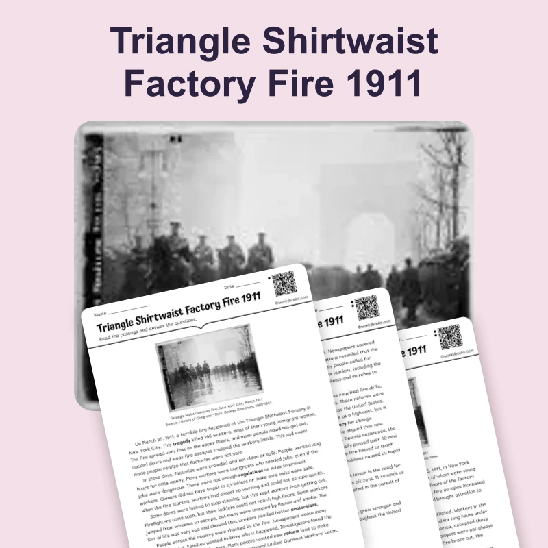 Triangle Shirtwaist Factory Fire 1911: Worker Safety — reading — reading comprehension for Grade 6, Grade 7, Grade 8, page 1 of 4