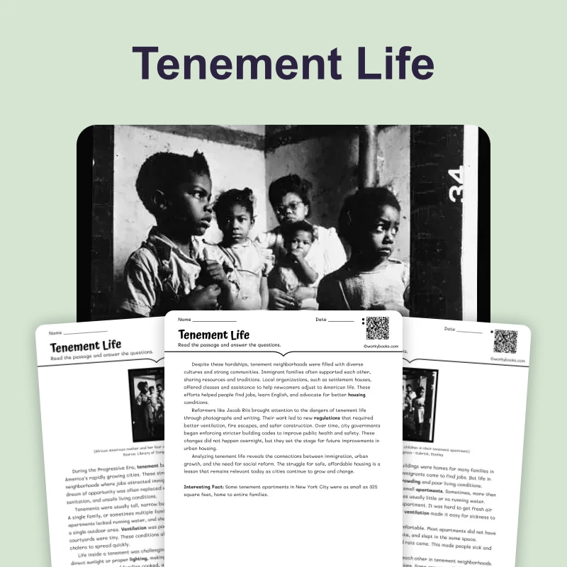 Tenement Life — reading — reading comprehension for Grade 6, Grade 7, Grade 8, page 1 of 4