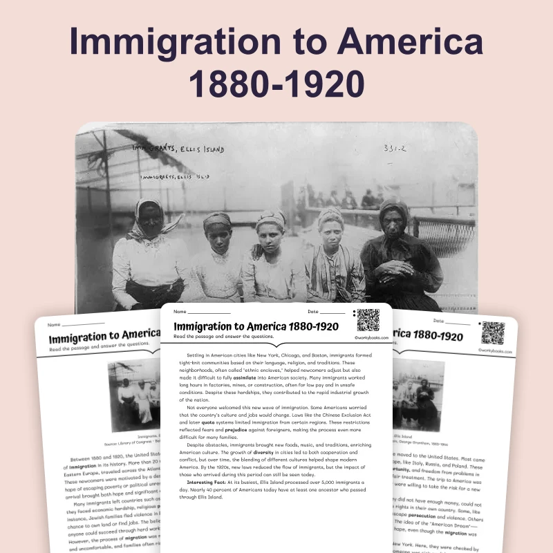 Immigration to America 1880-1920: New Wave — reading — reading comprehension for Grade 6, Grade 7, Grade 8, page 1 of 4