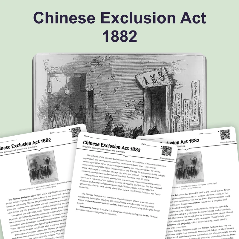 Chinese Exclusion Act 1882 — reading — reading comprehension for Grade 6, Grade 7, Grade 8, page 1 of 4