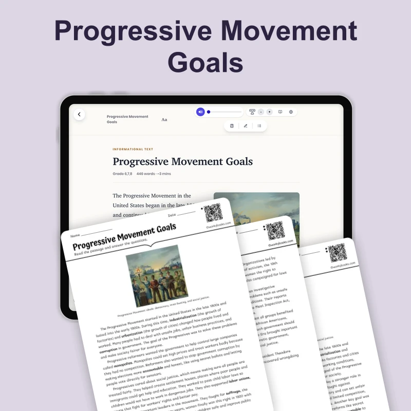 Progressive Movement Goals and Reforms — reading — reading comprehension for Grade 6, Grade 7, Grade 8, page 1 of 4