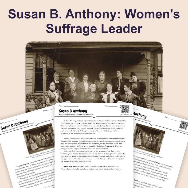 Susan B Anthony — ela — reading comprehension for Grade 6, Grade 7, Grade 8, page 1 of 4