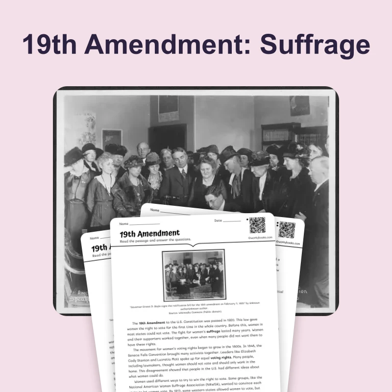 19th Amendment 1920: Women Win Voting Rights — reading — reading comprehension for Grade 6, Grade 7, Grade 8, page 1 of 4