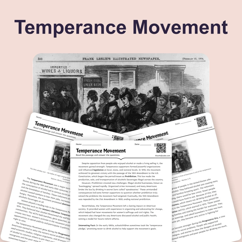 Temperance Movement: Push for Prohibition — reading — reading comprehension for Grade 6, Grade 7, Grade 8, page 1 of 4