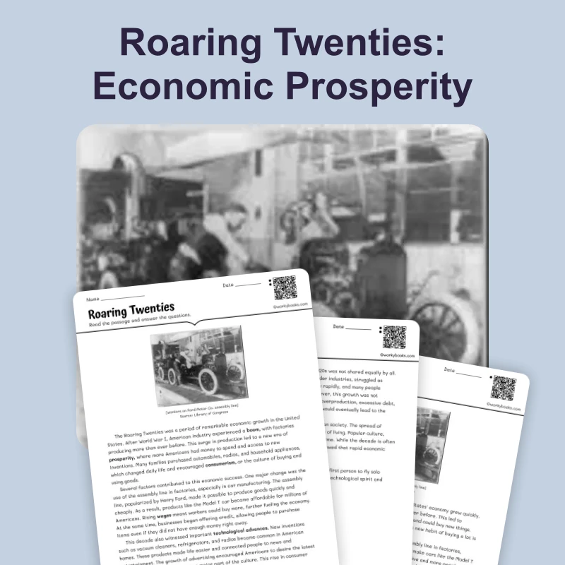 Roaring Twenties — ela — reading comprehension for Grade 6, Grade 7, Grade 8, page 1 of 4