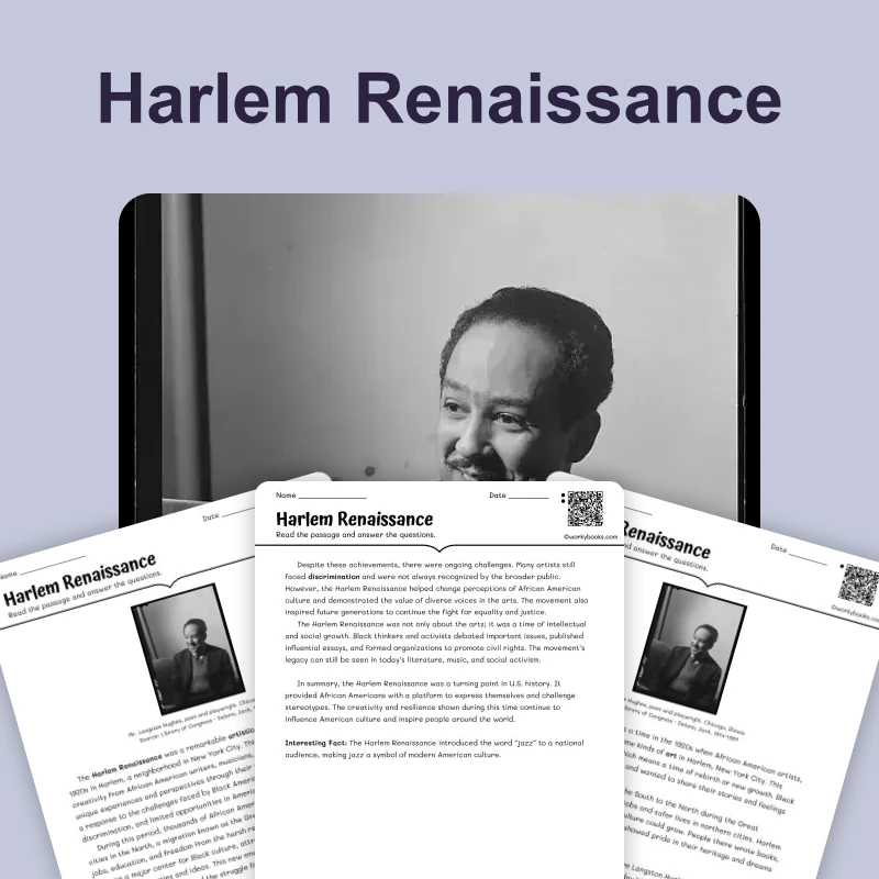 Harlem Renaissance — reading — reading comprehension for Grade 6, Grade 7, Grade 8, page 1 of 4