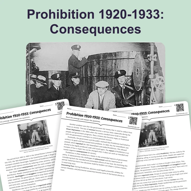 Prohibition 1920-1933: Consequences — reading — reading comprehension for Grade 6, Grade 7, Grade 8, page 1 of 4