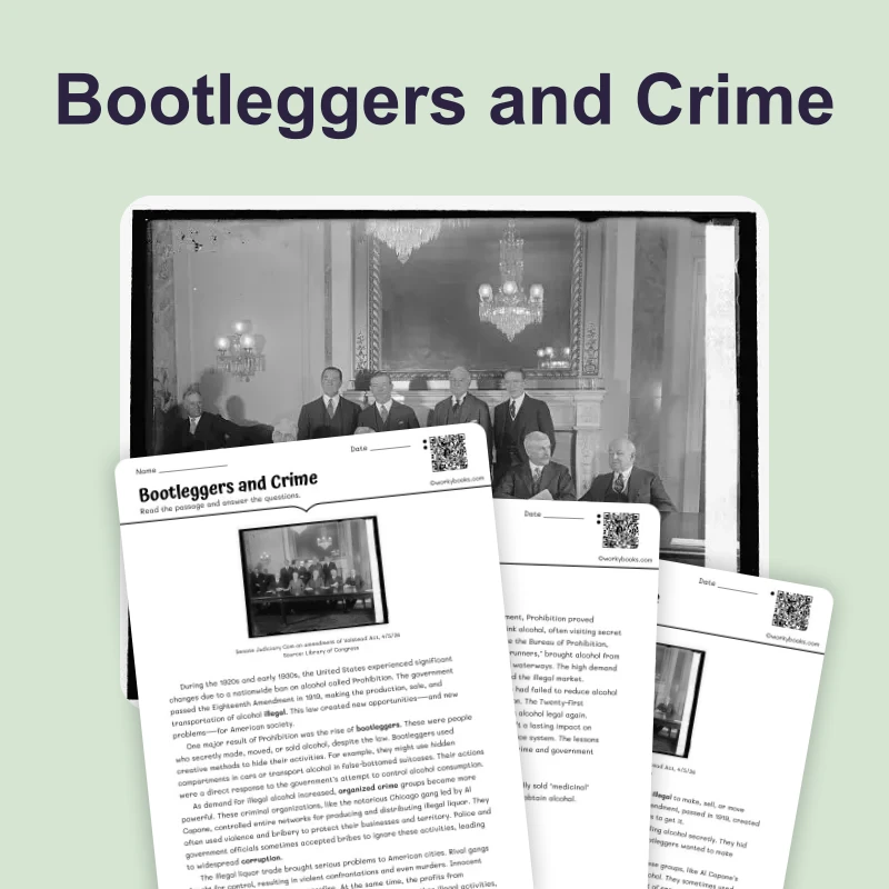 Bootleggers and Crime — reading — reading comprehension for Grade 6, Grade 7, Grade 8, page 1 of 4