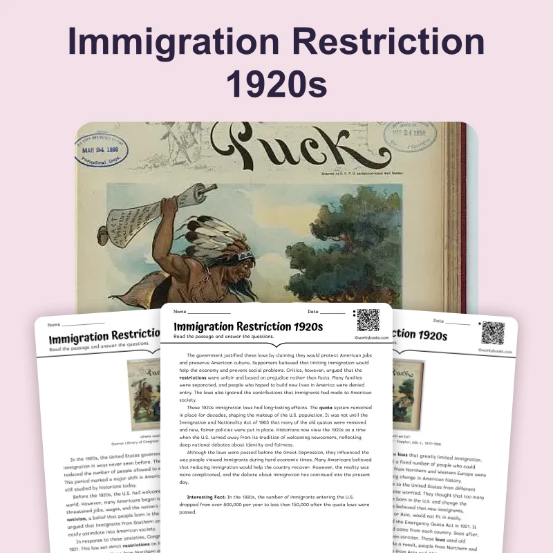 Immigration Restriction 1920s — reading — reading comprehension for Grade 6, Grade 7, Grade 8, page 1 of 4