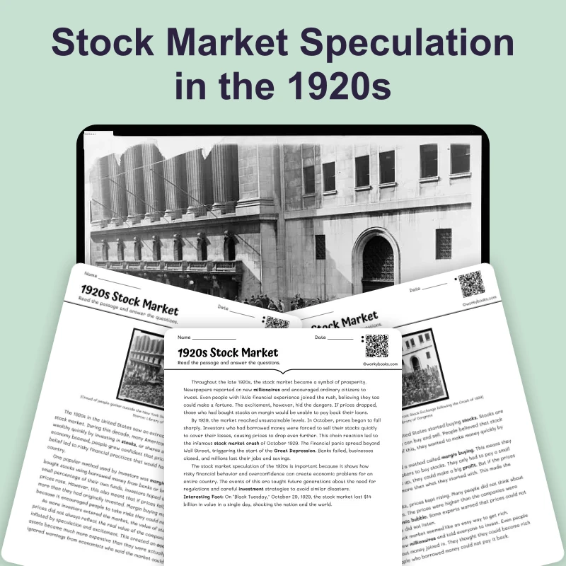 1920s Stock Market — ela — reading comprehension for Grade 6, Grade 7, Grade 8, page 1 of 4