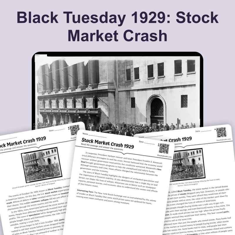 Black Tuesday 1929: Stock Market Crash — reading — reading comprehension for Grade 6, Grade 7, Grade 8, page 1 of 4
