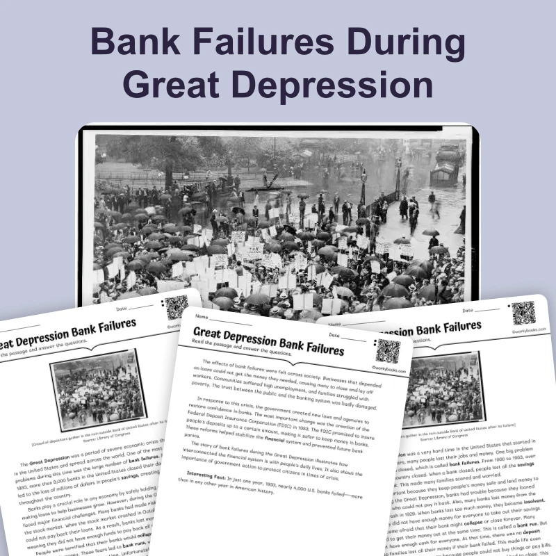 Bank Failures During Great Depression — reading — reading comprehension for Grade 6, Grade 7, Grade 8, page 1 of 4