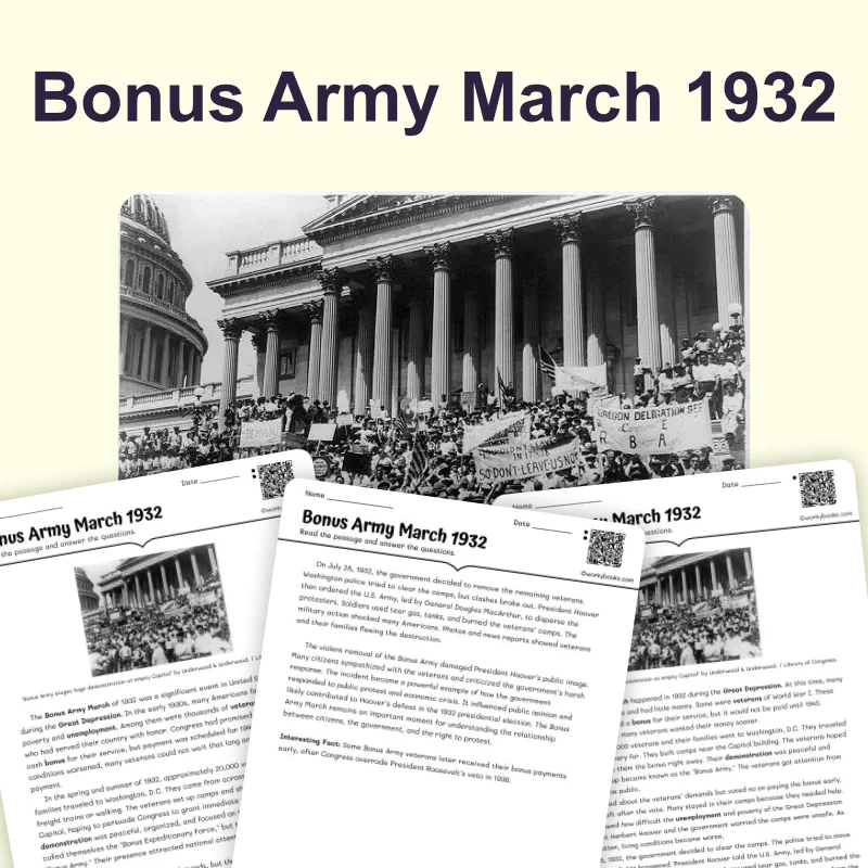 Bonus Army March 1932 — reading — reading comprehension for Grade 6, Grade 7, Grade 8, page 1 of 4