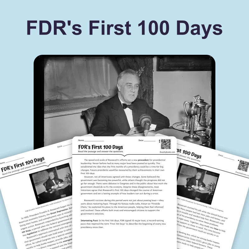 FDR First 100 Days: Immediate Action — reading — reading comprehension for Grade 6, Grade 7, Grade 8, page 1 of 4