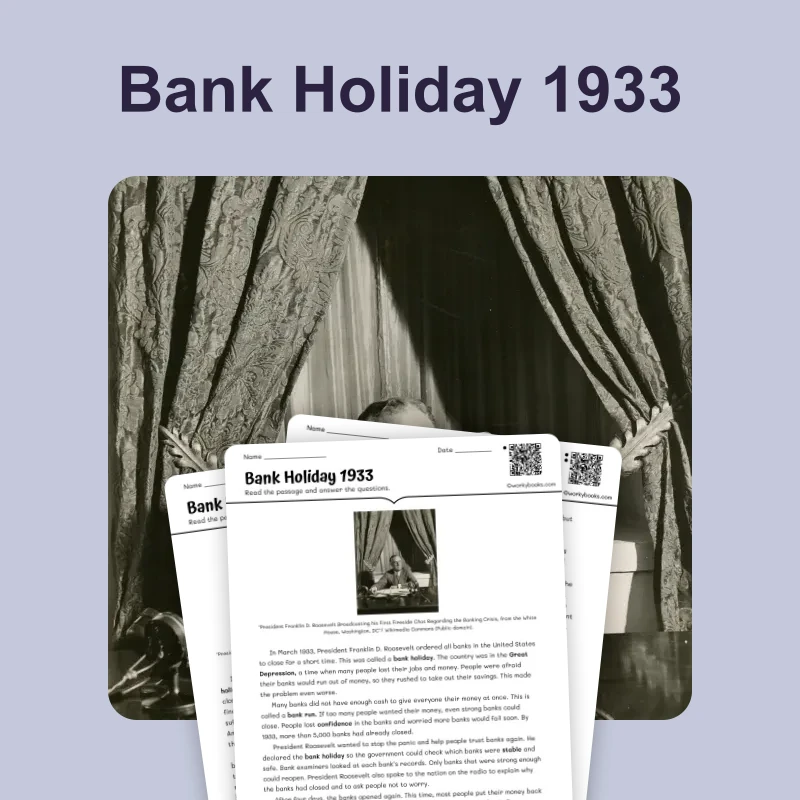 Bank Holiday 1933: FDR Restores Confidence — reading — reading comprehension for Grade 6, Grade 7, Grade 8, page 1 of 4