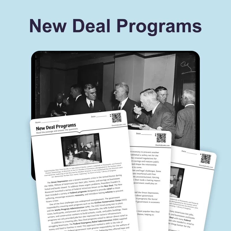 New Deal Programs: Relief Recovery Reform — reading — reading comprehension for Grade 6, Grade 7, Grade 8, page 1 of 4