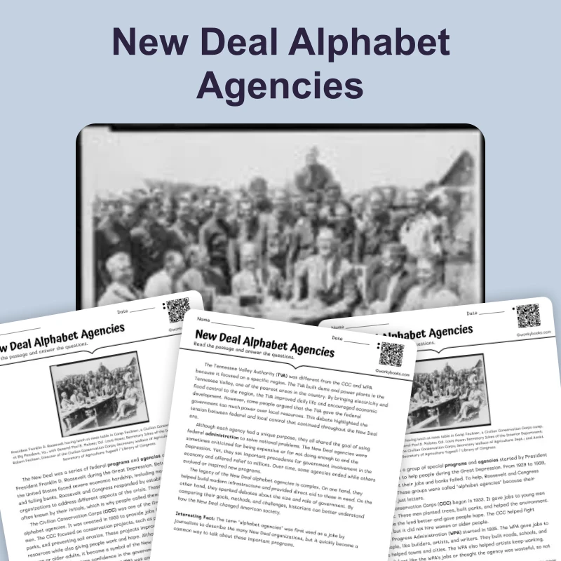 New Deal Alphabet Agencies: Government Expands — reading — reading comprehension for Grade 6, Grade 7, Grade 8, page 1 of 4