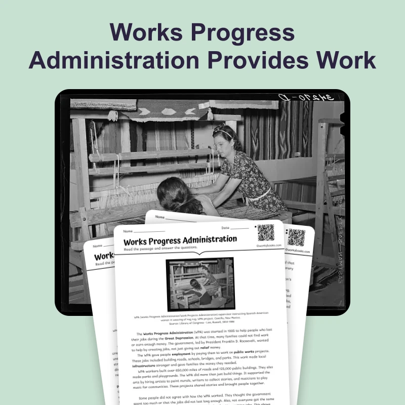 Works Progress Administration — ela — reading comprehension for Grade 6, Grade 7, Grade 8, page 1 of 4