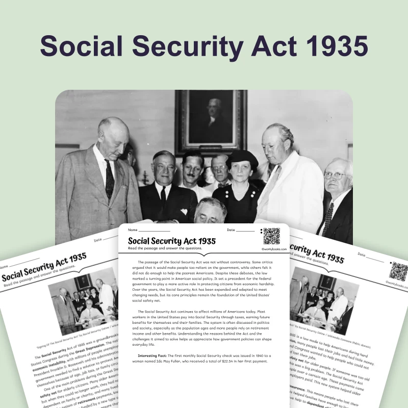 Social Security Act 1935: Safety Net Created — reading — reading comprehension for Grade 6, Grade 7, Grade 8, page 1 of 4
