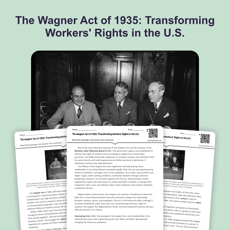 Wagner Act 1935: Protecting Labor Unions — reading — reading comprehension for Grade 6, Grade 7, Grade 8, page 1 of 4