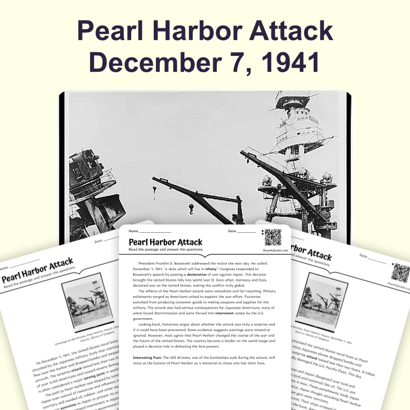 Pearl Harbor Attack December 7 1941 — ela — reading comprehension for Grade 6, Grade 7, Grade 8, page 1 of 4