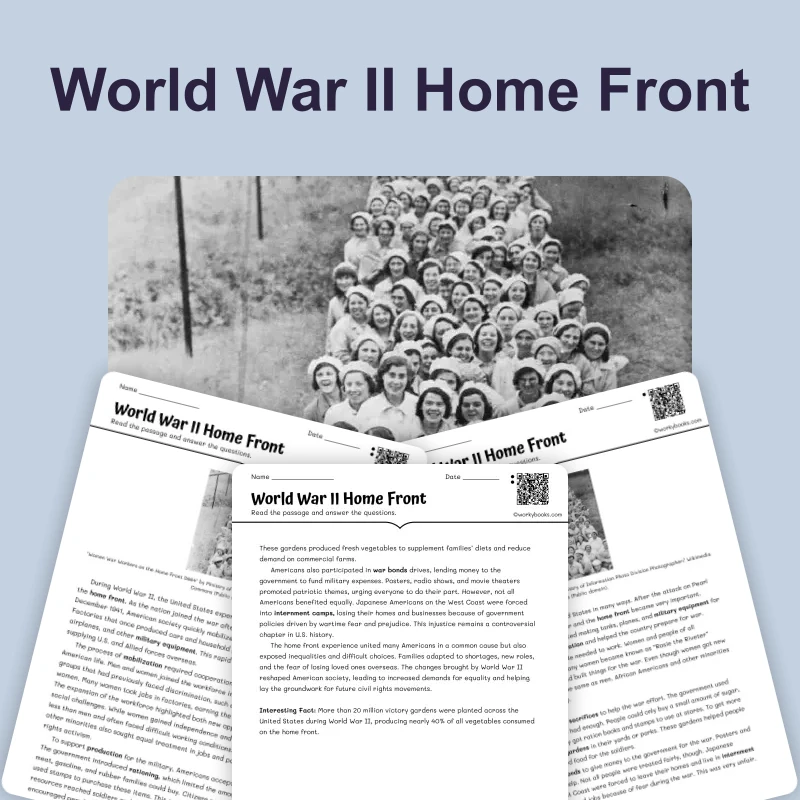 World War II Home Front — reading — reading comprehension for Grade 6, Grade 7, Grade 8, page 1 of 4