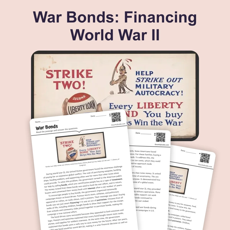 War Bonds: Financing World War II — ela — reading comprehension for Grade 6, Grade 7, Grade 8, page 1 of 4