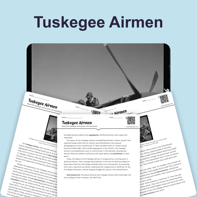 Tuskegee Airmen — reading — reading comprehension for Grade 6, Grade 7, Grade 8, page 1 of 4