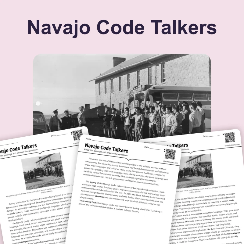 Navajo Code Talkers — reading — reading comprehension for Grade 6, Grade 7, Grade 8, page 1 of 4