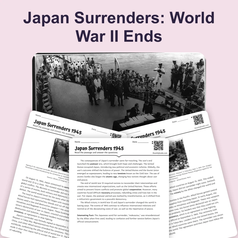 Japan Surrenders: World War II Ends — ela — reading comprehension for Grade 6, Grade 7, Grade 8, page 1 of 4