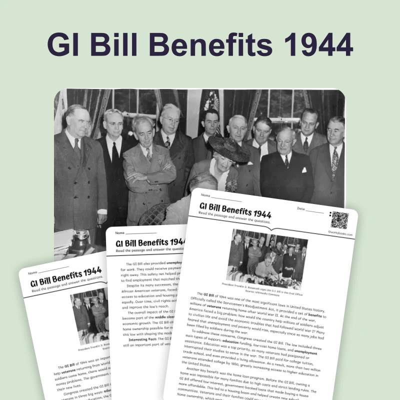 GI Bill Benefits 1944 — reading — reading comprehension for Grade 6, Grade 7, Grade 8, page 1 of 4