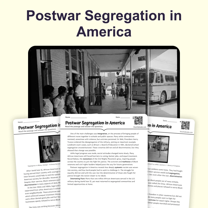 Segregation in America After World War II — reading — reading comprehension for Grade 6, Grade 7, Grade 8, page 1 of 4