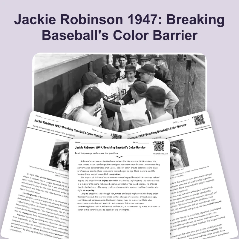 Jackie Robinson: Breaking Baseball's Color Barrier — reading — reading comprehension for Grade 6, Grade 7, Grade 8, page 1 of 4