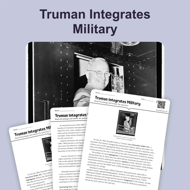 Truman Integrates Military: Executive Action — reading — reading comprehension for Grade 6, Grade 7, Grade 8, page 1 of 4